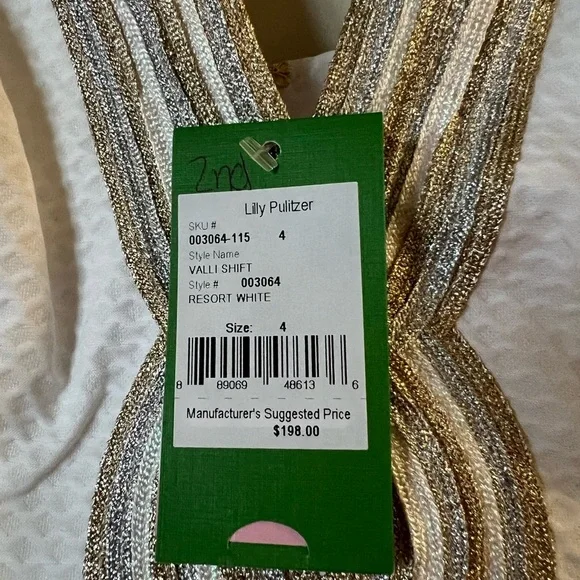 NWT LILLY PULITZER Valli Cotton Shift Dress, Resort White, Gold & Silver  Trim, 4 - coffeafoods.com